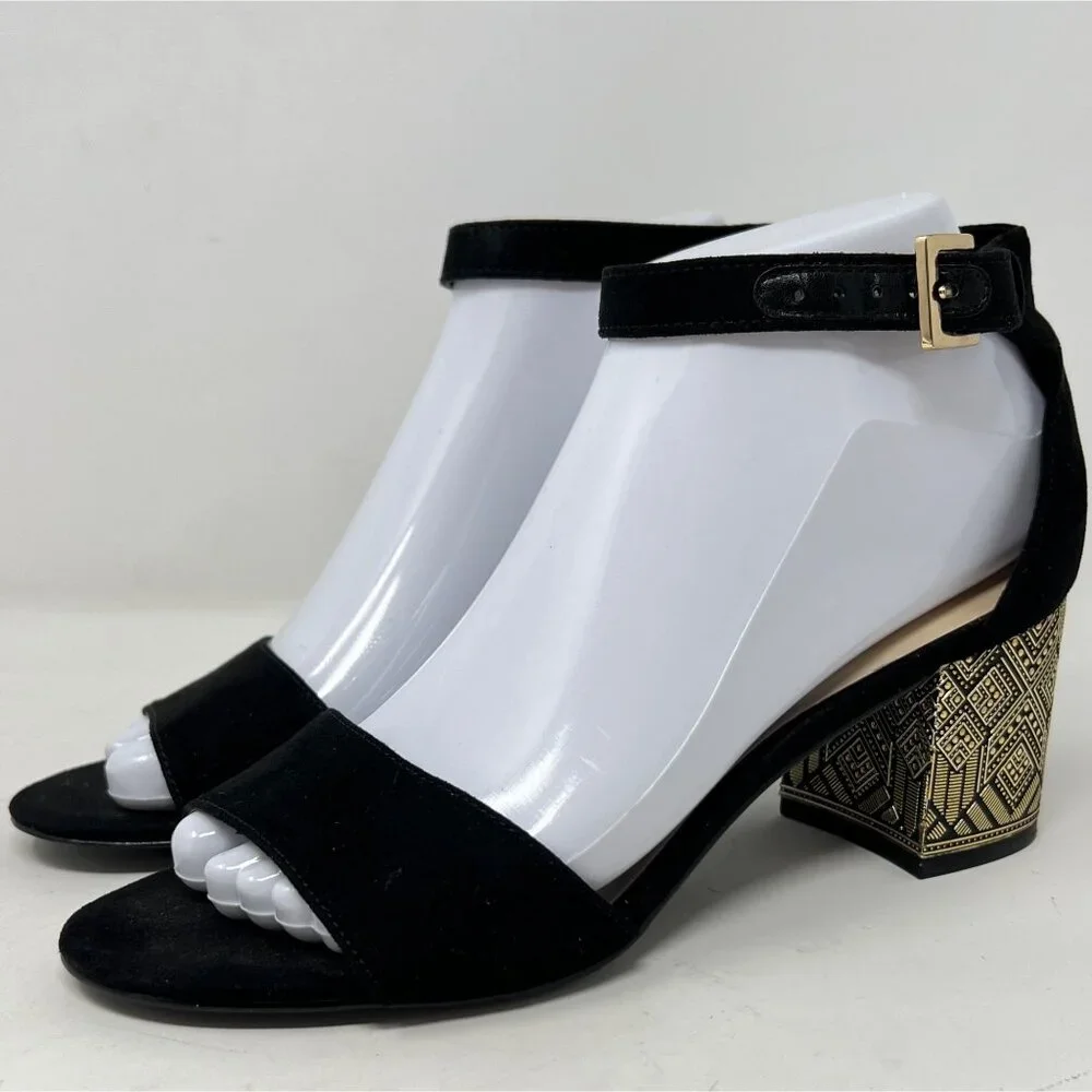 Nine West‎ Black Faux Suede Ankle Strap Gold Design Block Heels Size 6.5M
